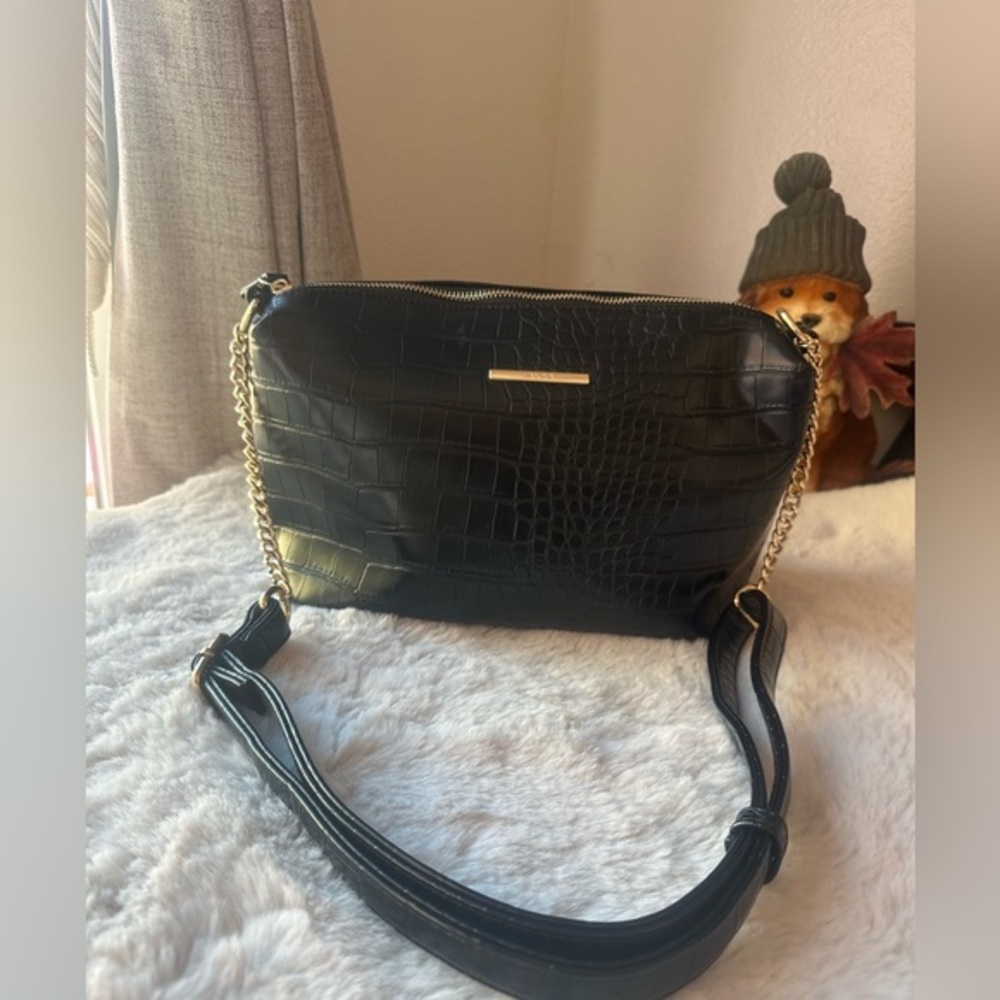 Aldo Black Croc-Embossed Crossbody Bag with Gold Chain